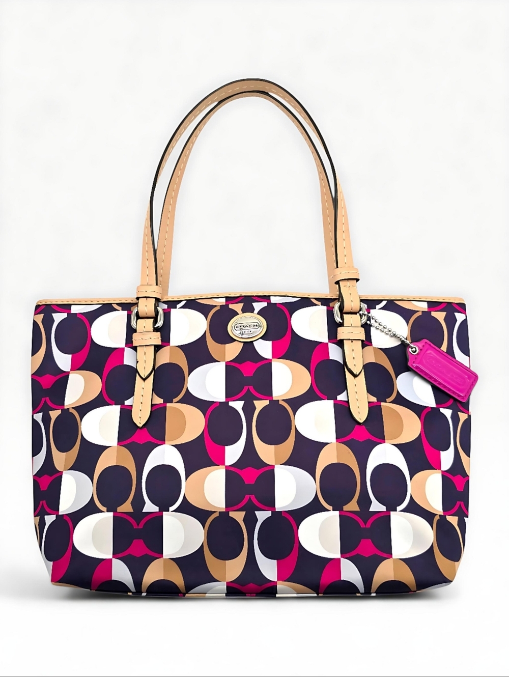 Coach Payton Multicolor Signature C Print Satin Leather Tote Bag Pink Lining EUC - Picture 10 of 17
